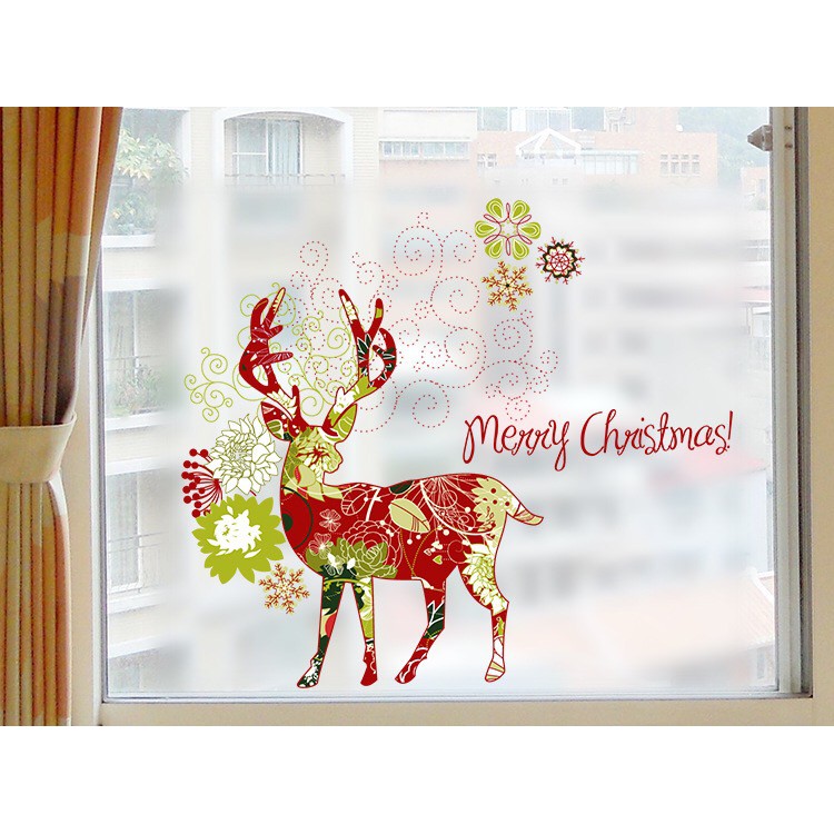 Decal dán kính cao cấp - Con Tuần Lộc Đỏ Merry Chritmas ( 60x58 )