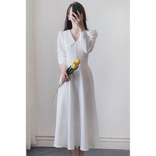 Đầm váy freesize trắng tay dài nút bọc