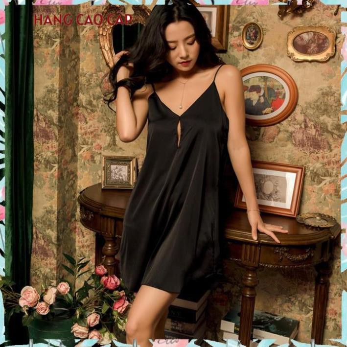 Váy ngủ sexy cổ V đầm ngủ lụa satin khoét ngực gợi cảm Thư Thư [HÀNG CAO CẤP]