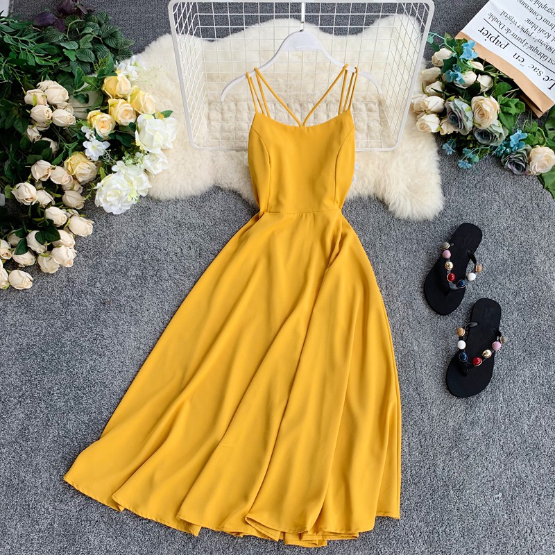 (sẵn đỏ S) Váy đầm maxi hở lưng 2 dây đan chéo dây ngực màu xanh, đen, trắng, vàng, đỏ siêu xinh | BigBuy360 - bigbuy360.vn