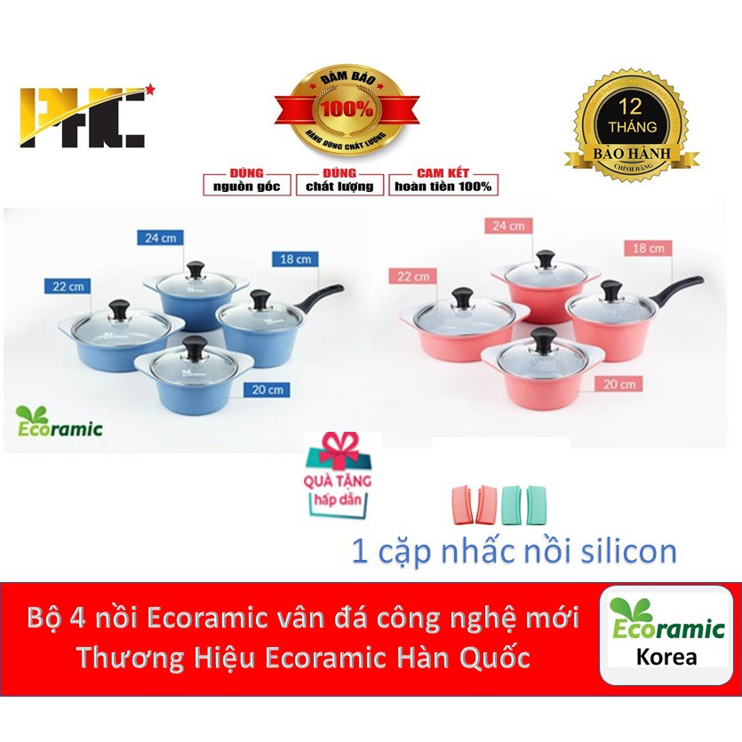 Bộ 4 nồi vân đá chống dính ECORAMIC : nồi 18- 20- 22- 24 cm +Tặng kèm 1 cặp nhấc nồi sillicon.