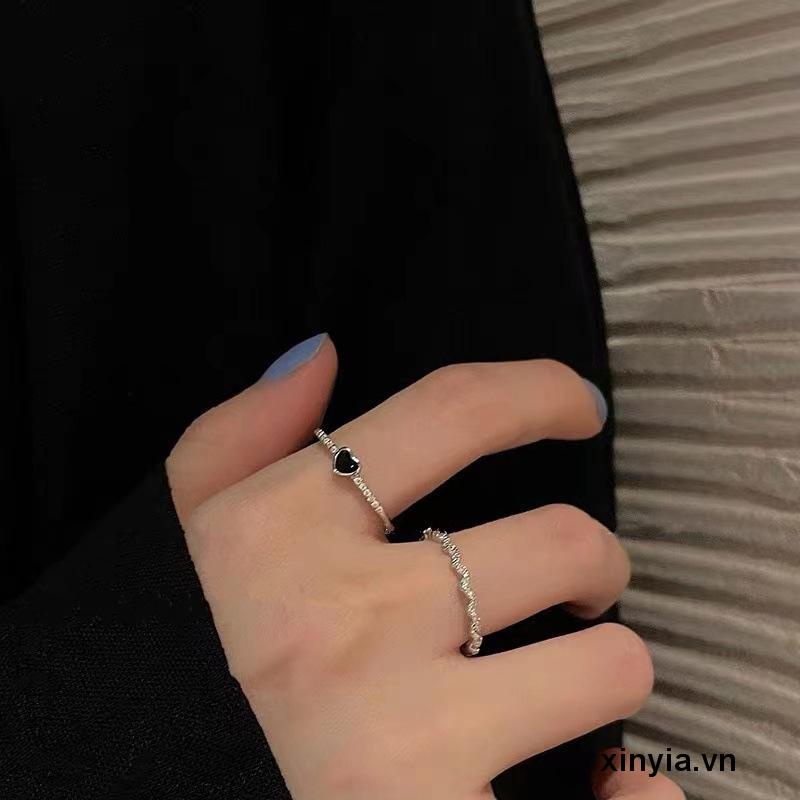 🌺Set 2 nhẫn màu đen hình trái tim mạ bạc gợn sóng tùy chỉnh phù hợp làm quà tặng cho nữ đi tiệc