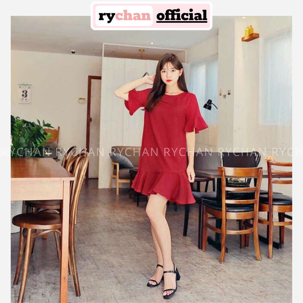 DX497 - Đầm Xòe Màu Đỏ Cột Eo Phối Đuôi Cá Dễ Thương [ẢNH THẬT CUỐI]