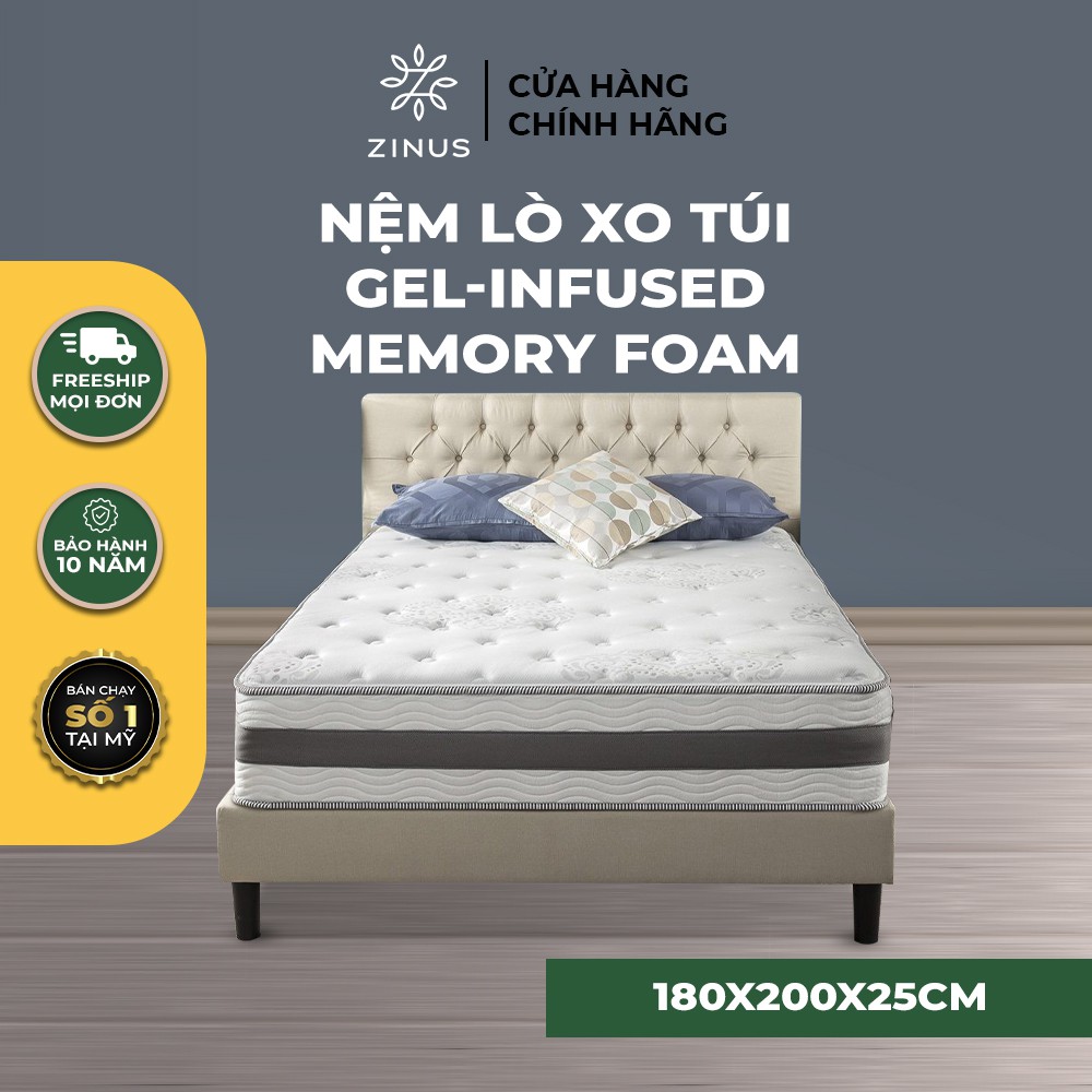 [FREESHIP MỌI ĐƠN] Nệm lò xo túi hút chân không Gel mát cao cấp Zinus 180x200x25cm