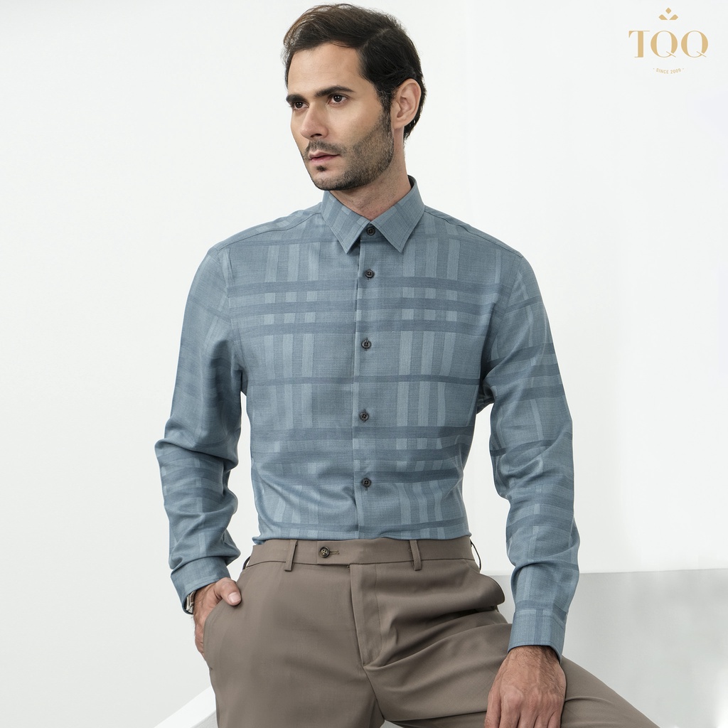 Áo sơ mi nam dài tay TQQ dáng Slimfit công sở chất liệu Cotton cao cấp có co dãn K414CS-CSB màu xanh rêu dệt kẻ chìm