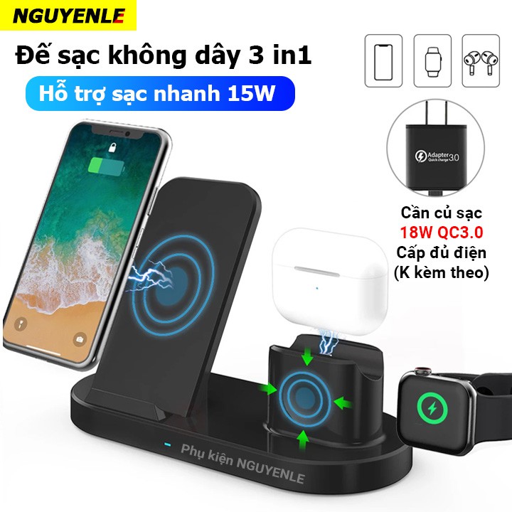 Đế Sạc nhanh không dây 3 in 1 H10 15W sạc được iPhone 12, Airpod Pro, Apple Watch