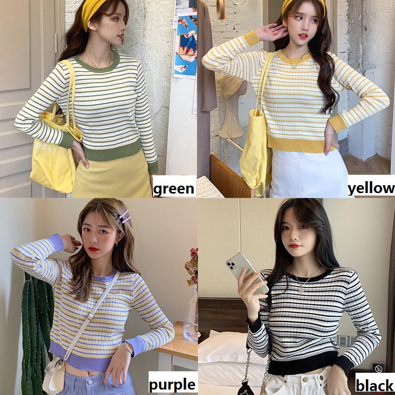 Áo Sweater Dệt Kim Tay Dài Hoạ Tiết Kẻ Sọc Màu Tương Phản Cho Nữ | BigBuy360 - bigbuy360.vn