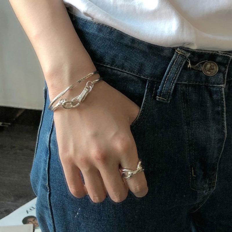 Vòng Tay Bạc Dạng Móc Khóa Màu Sắc Đơn Giản Phong Cách Punk Thời Trang Cho Nữ