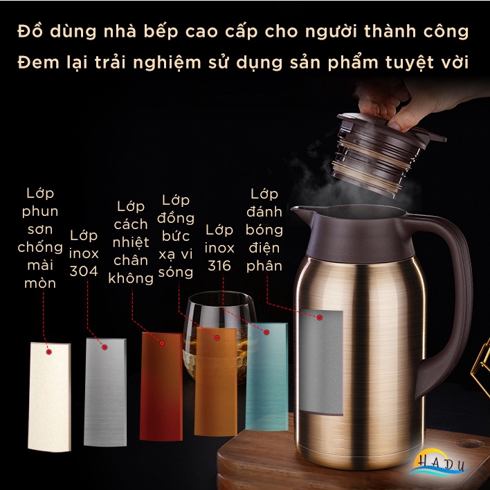 Bình Đựng Nước 2 Lít Giữ Nhiệt Có Vòi Cao Cấp Inox 316 Đạt Chất Lượng Đức SSGP