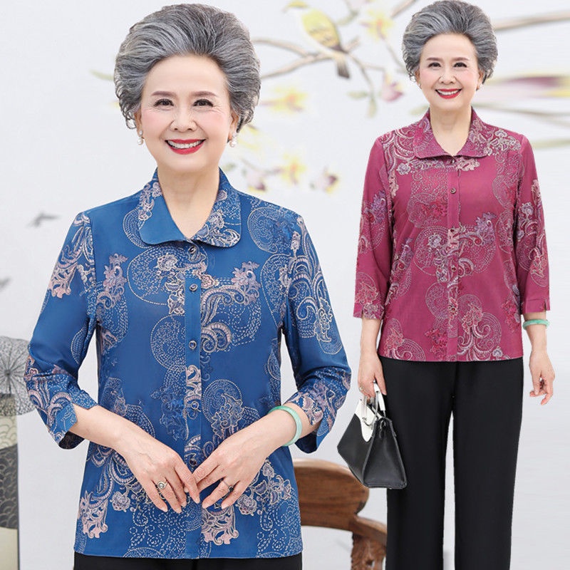 Các bà mẹ trung niên mặc áo sơ mi mùa hè kiểu tây, thun nữ dài tay in hình, cách tân cho người già