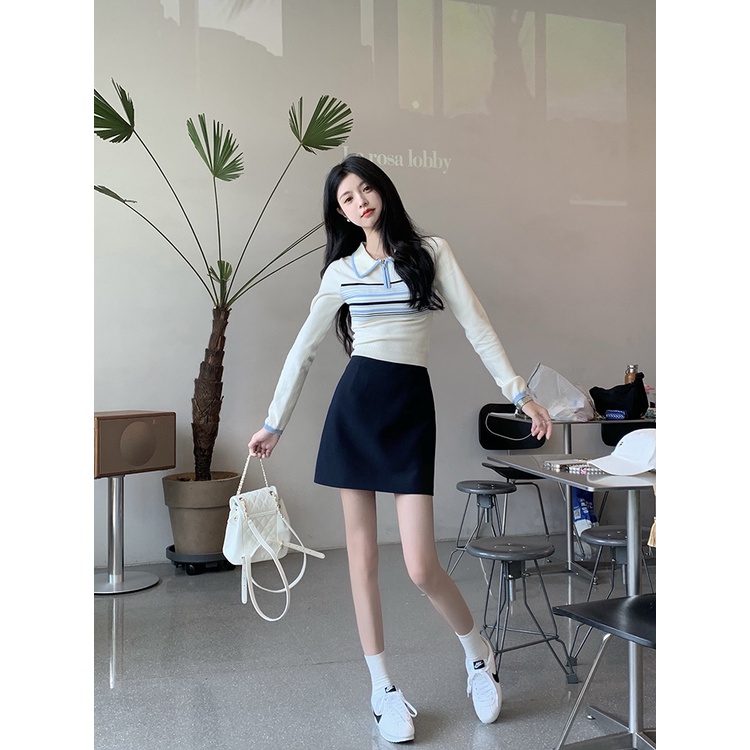 Áo Croptop Dệt Kim Tay Dài Dáng Ôm Phối Khóa Kéo Màu Sắc Tương Phản Kiểu Hàn Quốc Thời Trang Mùa Thu