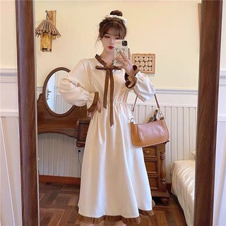 [Hình thật] Váy vintage nhung tăm dáng xoè cổ nơ. Váy lolita tay bồng