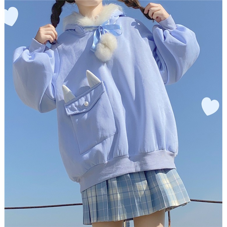 Áo hoodie mặc ấm tay dài nữ cực dễ thương cute túi có tai thỏ nón lông ulzzang ( 2 màu )
