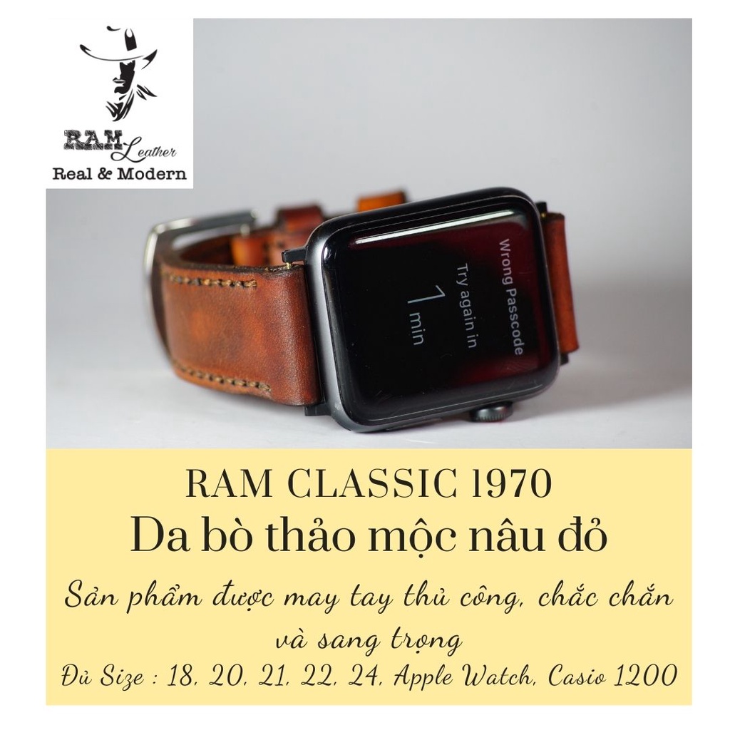 Dây đồng hồ RAM Leather vintage da bò Italia Vegtan màu nâu đỏ cao cấp