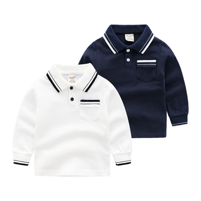 Áo phông dài tay có cổ cho bé trai, áo polo nhãn hiệu Wellkids, chất liệu cotton xốp