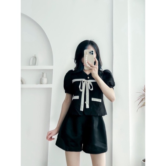 Áo cộc xốp phối nơ 2 màu siêu Hot_163 nội y xanh thiết kế thoáng mát