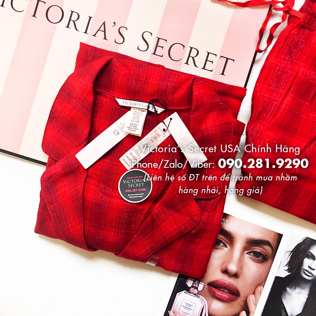 (Sleep S) - Bộ đồ ngủ dài, caro đỏ (18), viền lấp lánh, Shimmer Flannel Long, Red Plaid, dài 31 inch - Victoria's Secret