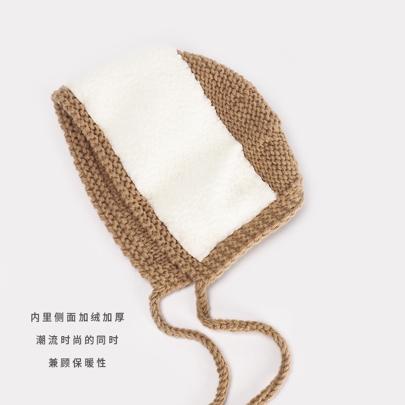 Mũ len lót lông xuất dư có dây buộc cho bé 0-24m