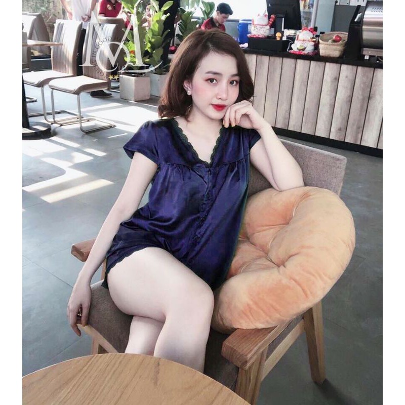 ( có túi quần) Bộ ngủ lụa satin đùi phối ren babydoll | BigBuy360 - bigbuy360.vn