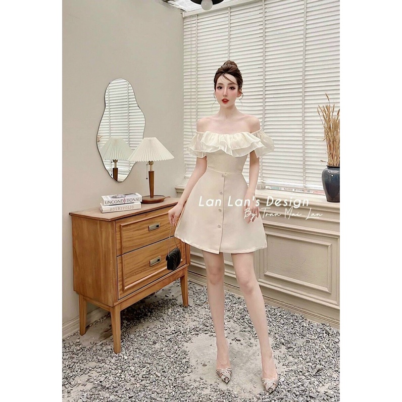 Đầm váy nữ tapda trễ vai dáng xòe dự tiệc họa tiết 2 màu phối bèo thanh lich trẻ trung tôn dáng phong cách quý cô