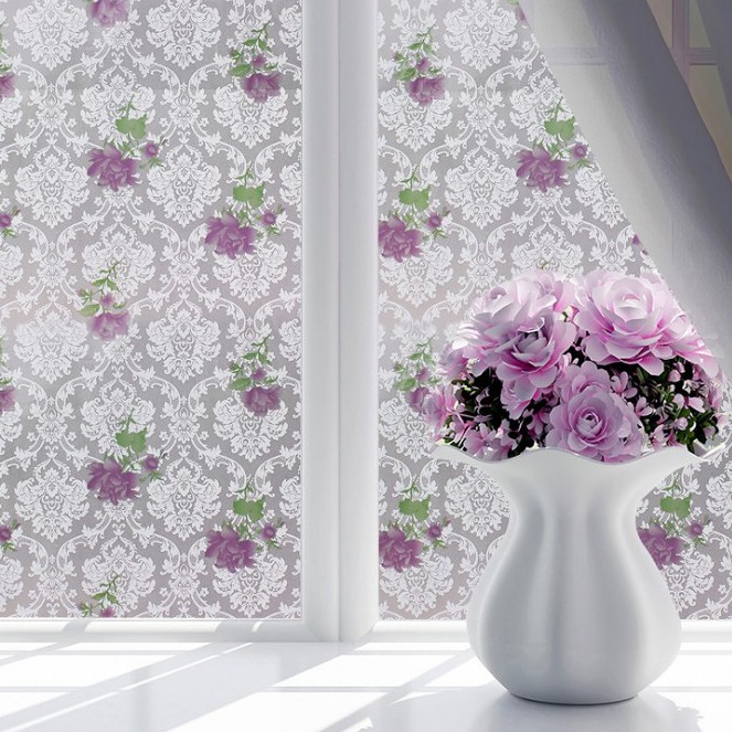 CUỘN 3M DECAL DÁN KÍNH HOA HỒNG TÍM KHỔ 60CM CÓ KEO SẴN