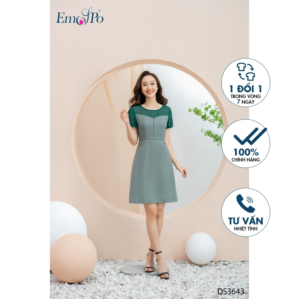 Đầm ôm Emspo cổ tròn, tay bồng, phối lưới DS3643