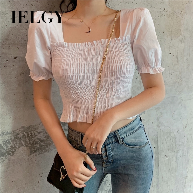 IELGY Áo Crop Top Tay Ngắn Vải Chiffon Thời Trang