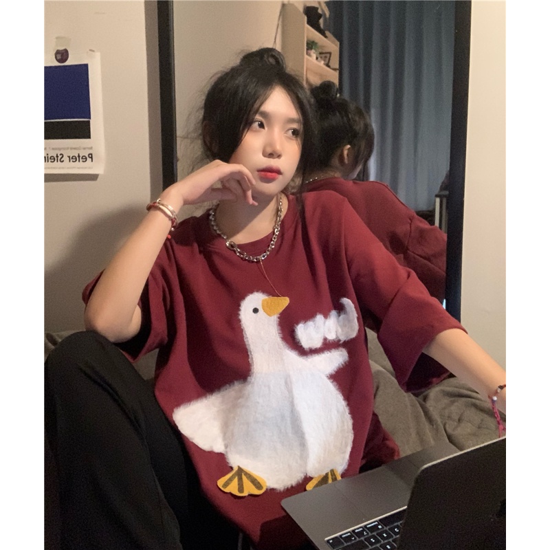 Áo Thun Tay Ngắn In Hình Ngỗng Dễ Thương Thời Trang Mùa Hè Cho Nữ