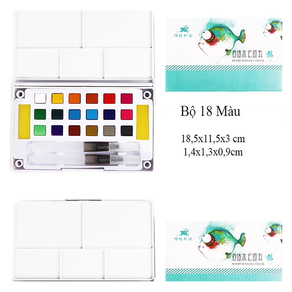 Bộ Màu Nước Dạng Nén Solid Water Color Tặng Kèm 2 Bút Nước, 2 Mút, 1 Palette - 18 Màu