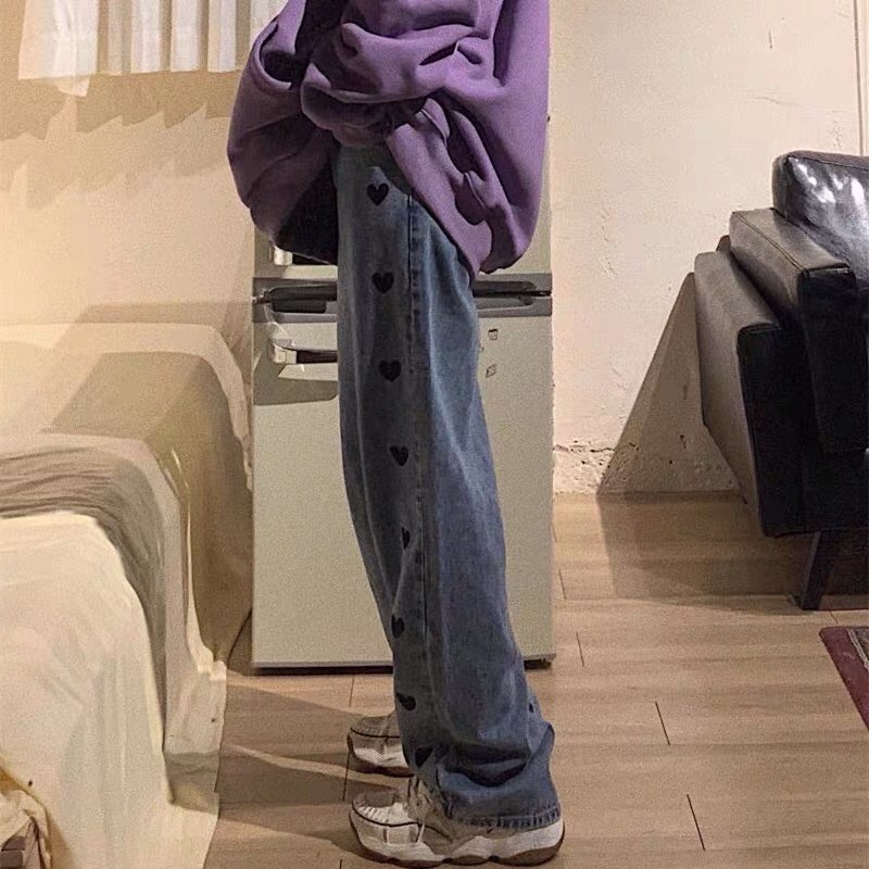 Quần bò jeans ống rộng thêu trái tim Ulzzang siêu cute ❤️