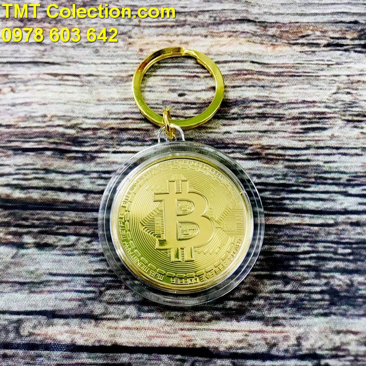 Móc khóa xu Bitcoin Vàng, Đồng xu bên trong được làm bằng Niken mạ vàng, sáng bóng, chạm khắc rõ nét - SP005259