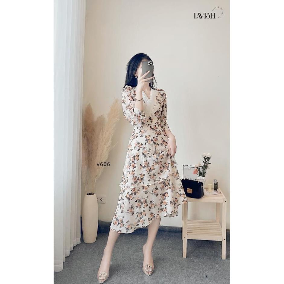 LAD Váy Đầm cam cổ V, xòa, hoa nhí, đẹp, đầm đẹp, công chúa, dự tiệc, chất voan cao cấp, form chuẩn, size từ 40-60kg