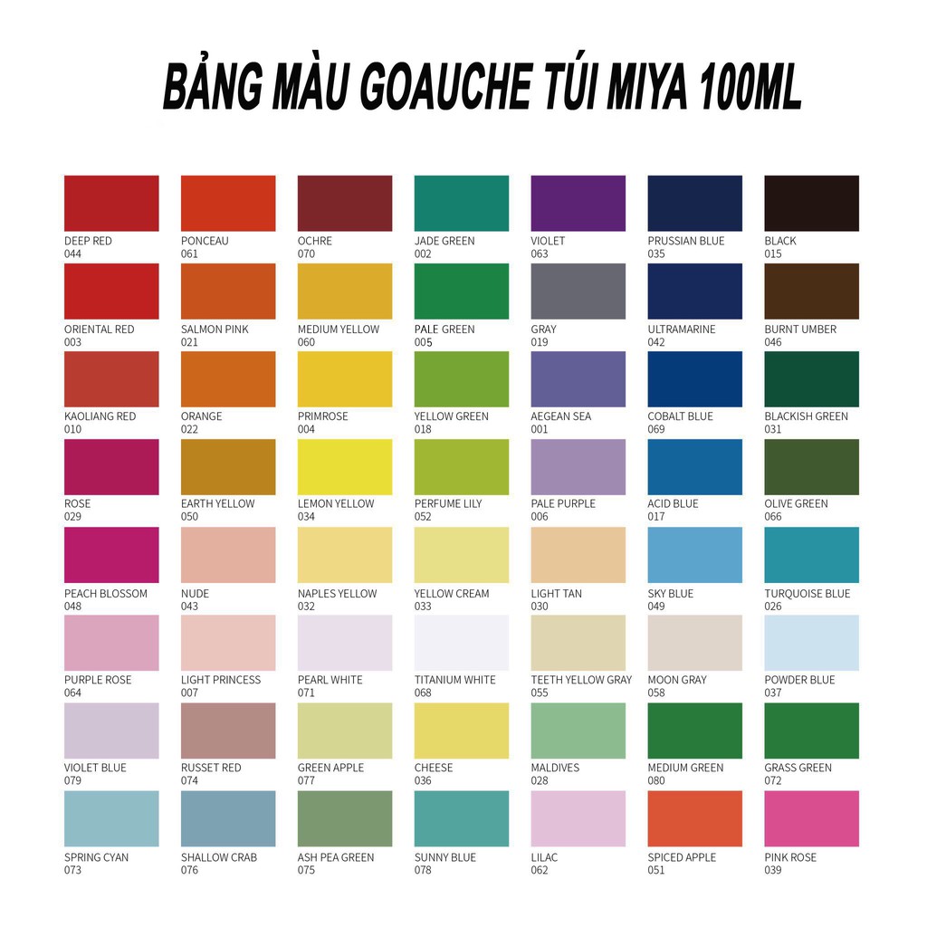 Màu Gouache MIYA ( HIMI ) - Màu lẻ tùy chọn dạng túi 100ml - Bảng 1