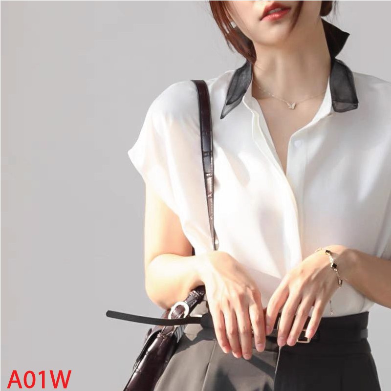 Áo Sơ Mi Nữ Lụa Satin Hisexy Cổ Bẻ Basic A01