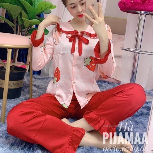 Đồ Ngủ Satin PIJAMA Cao Cấp Tay Dài Phong Cách Tiểu Thư Họa Tiết Đơn Giản