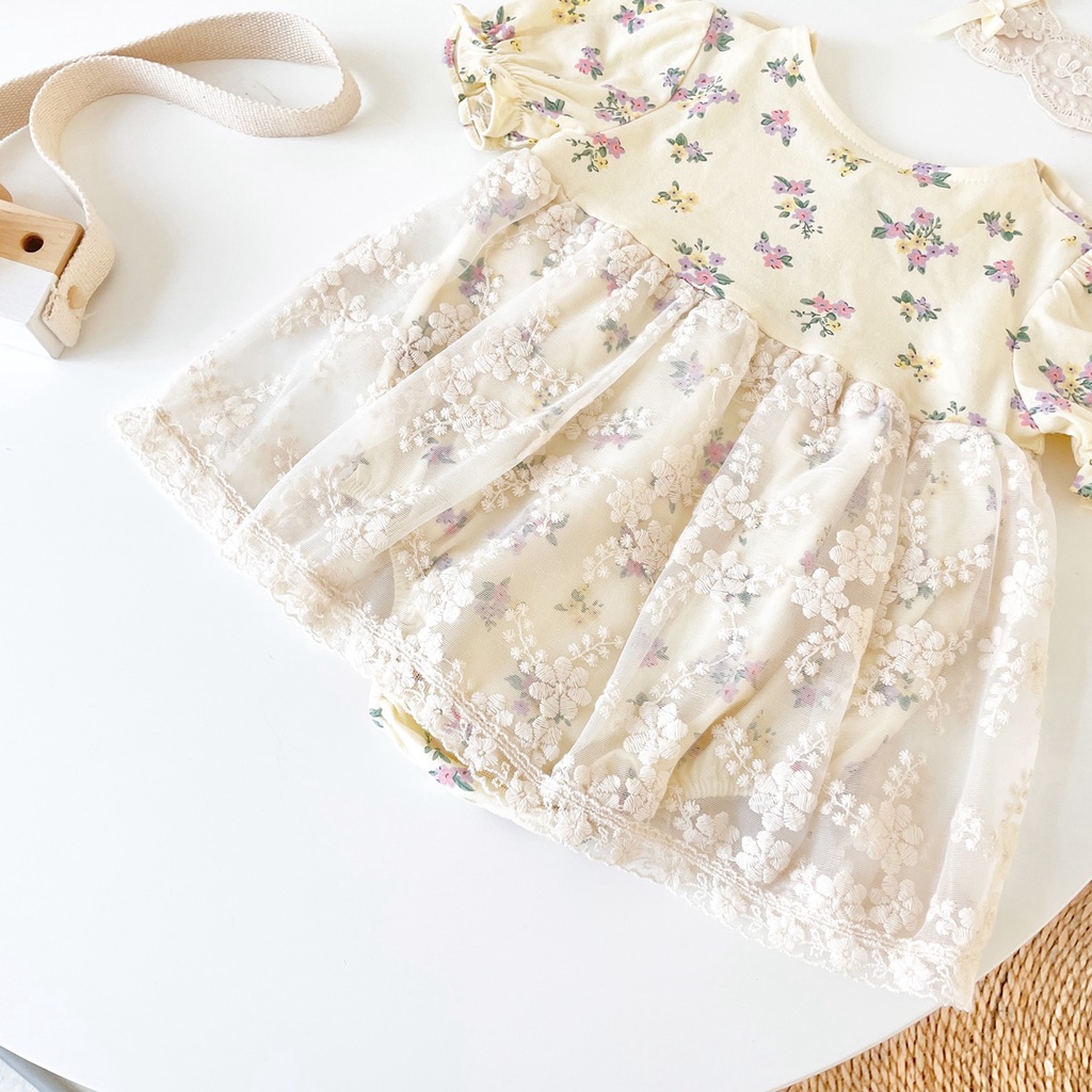 Sanlutoz Đầm Công Chúa Bằng Vải Cotton Phối Ren In Hoa Kèm Băng Đô Dành Cho Bé Gái