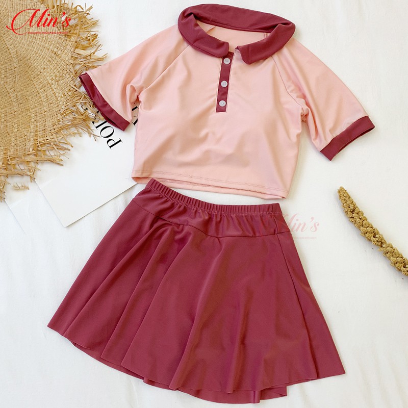 Đồ Bơi Nữ Đẹp Đi Tắm Biển Áo Croptop Cổ Bẻ Váy Có Kèm Quần 2 Màu Xanh, Hồng MIN Bikini | BigBuy360 - bigbuy360.vn