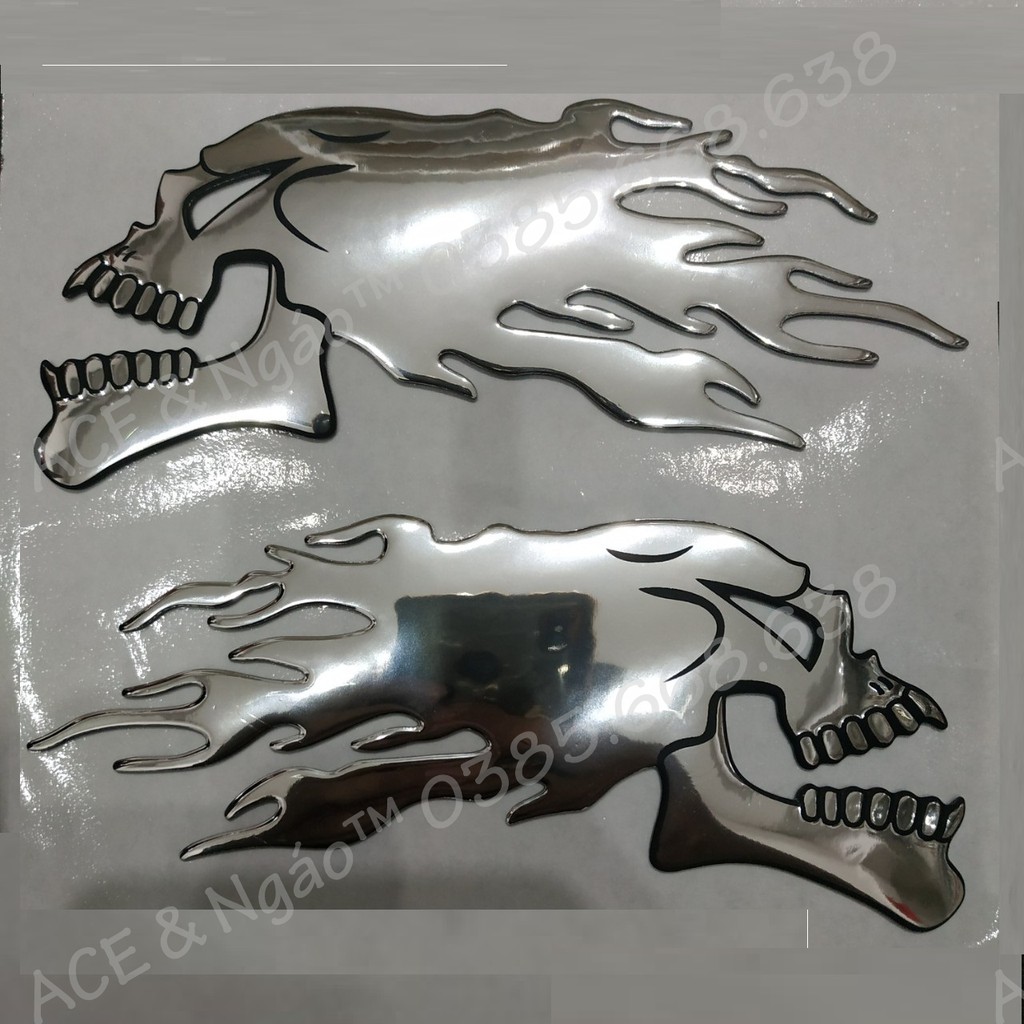 Cặp tem dán xe hình đầu lâu lửa pvc dẻo 14x6cm | BigBuy360 - bigbuy360.vn