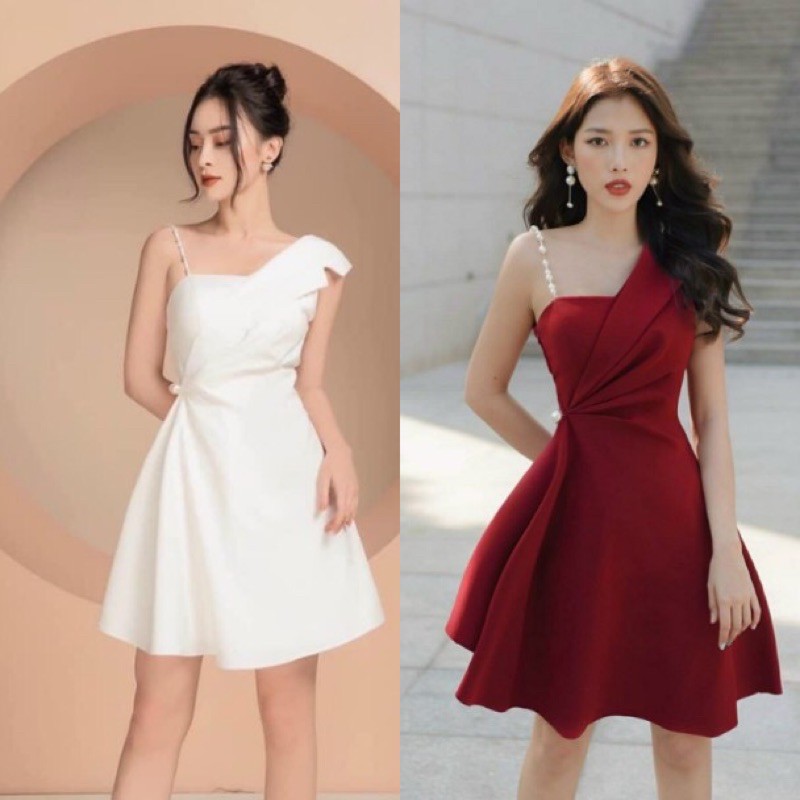 Đầm  Xoè Dự Tiệc Chéo Vai Đính Hạt Chuỗi 4 Màu Sang Trọng Zenna 🌸 Ảnh + video thật 🌸 | BigBuy360 - bigbuy360.vn