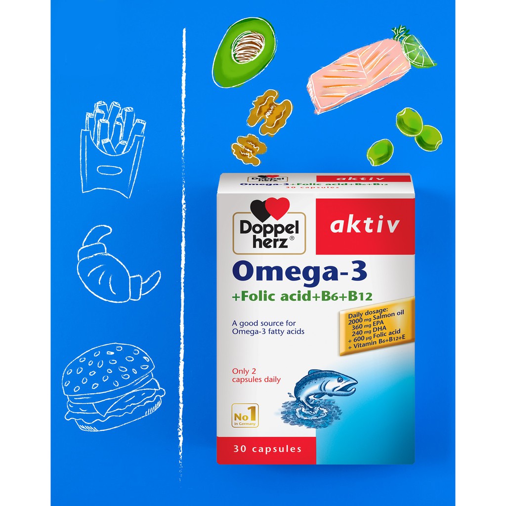 [TPCN Nhập Khẩu] Viên uống tăng cường thị lực, tim mạch và não bộ Doppelherz Omega 3 + Folic acid + B6 + B12 (Hộp 30v)