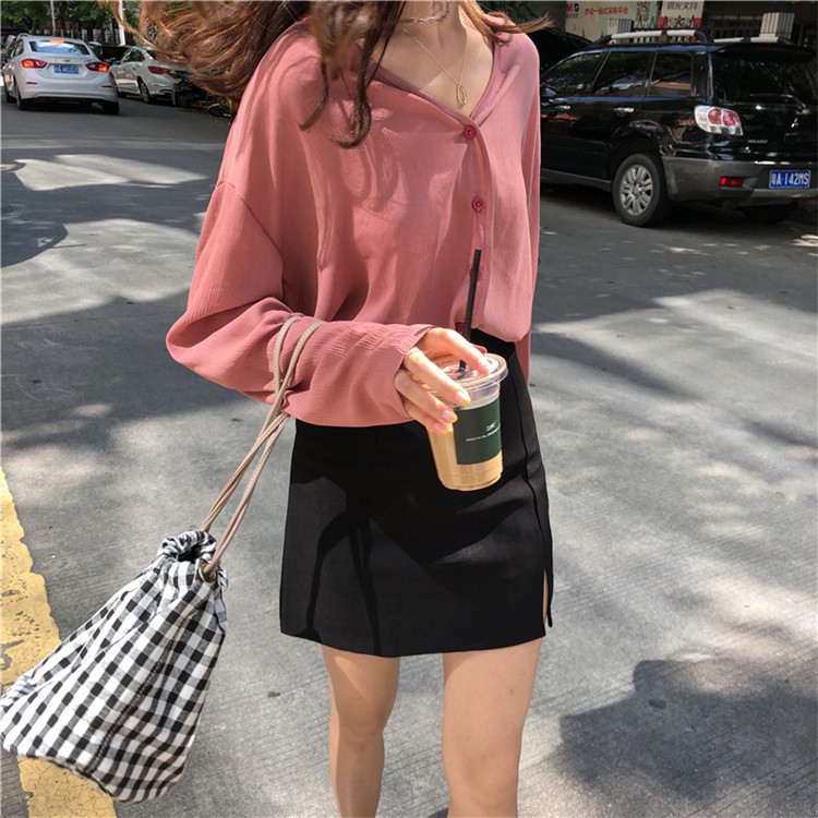 Áo Sơ Mi Tay Dài Form Rộng Màu Trơn Phong Cách Retro Hàn Quốc