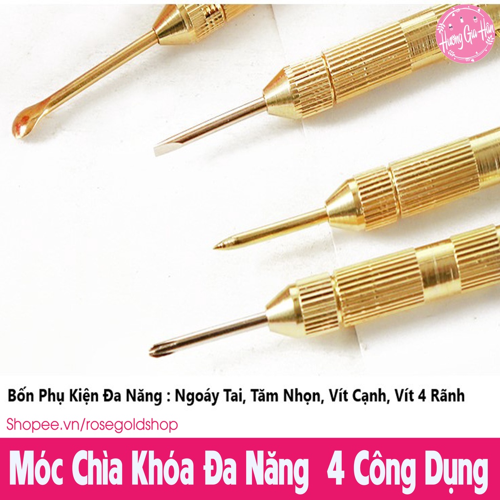 Móc Chìa Khóa Tích Hợp 4 Công Dụng: Lấy Ráy Tai, Nặn Mụn, 2 Đầu Vặn Vít, Màu Vàng Đồng Sang Trọng