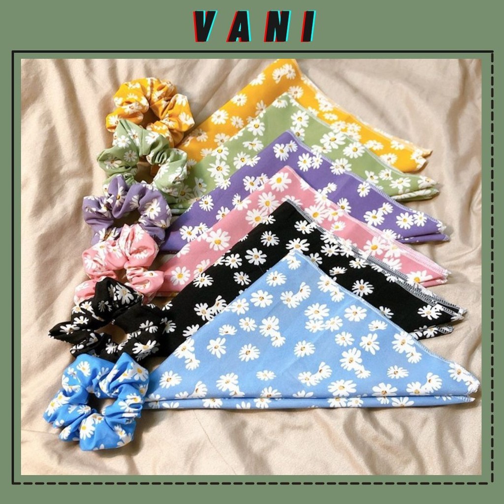 Lẻ/Set Khăn Turban Bandana + Cột Tóc Scrunchies Lụa Hoa Cúc Siêu Xinh - Vani Store