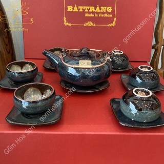 [Bát Tràng] Bộ Ấm Trà Bát Tràng Men Hỏa Biến Vẽ Hoa Lòng Chén