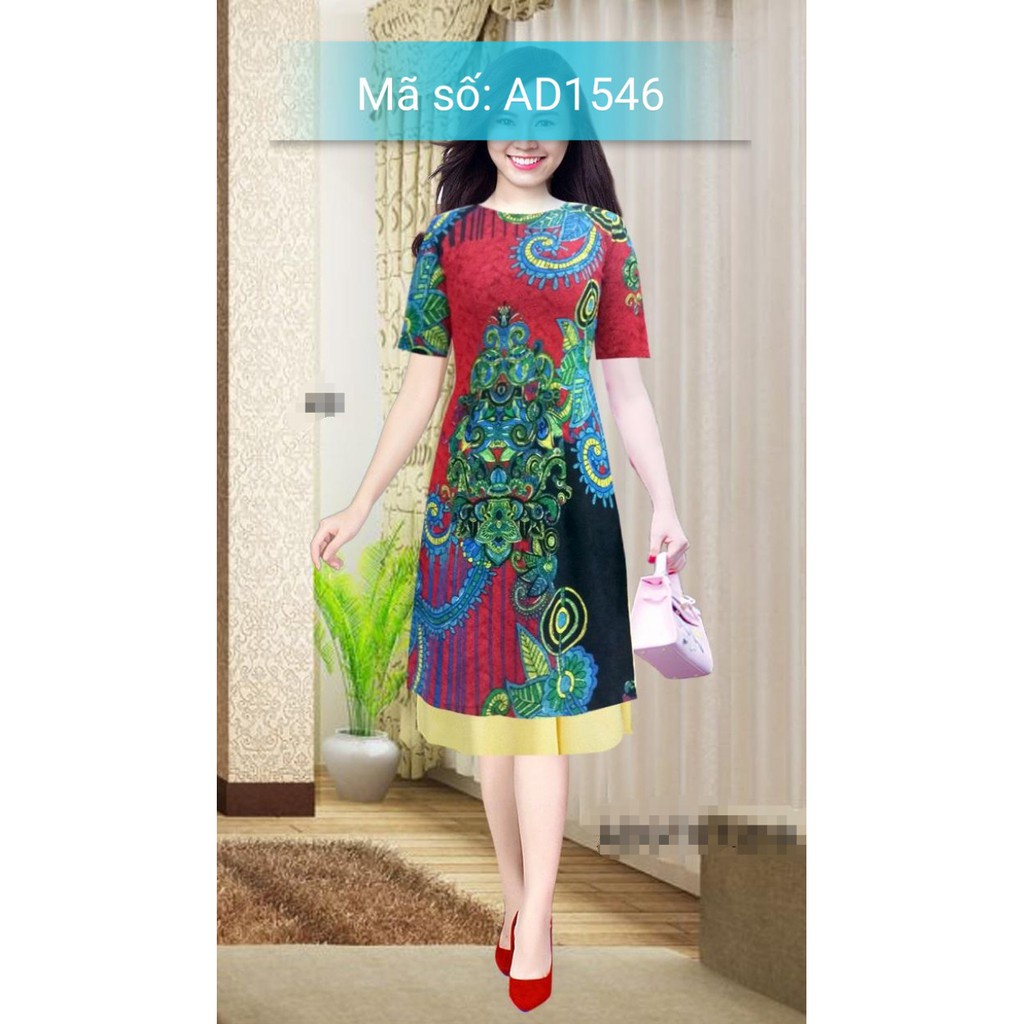 KJ ⚡️ có big size 3XL ⚡️ AD1546 ÁO DÀI CÁCH TÂN GẤM THUN QUÝ BÀ HỌA TIẾT NỀN PHỐI MÀU TAY LỠ KÈM VÁY