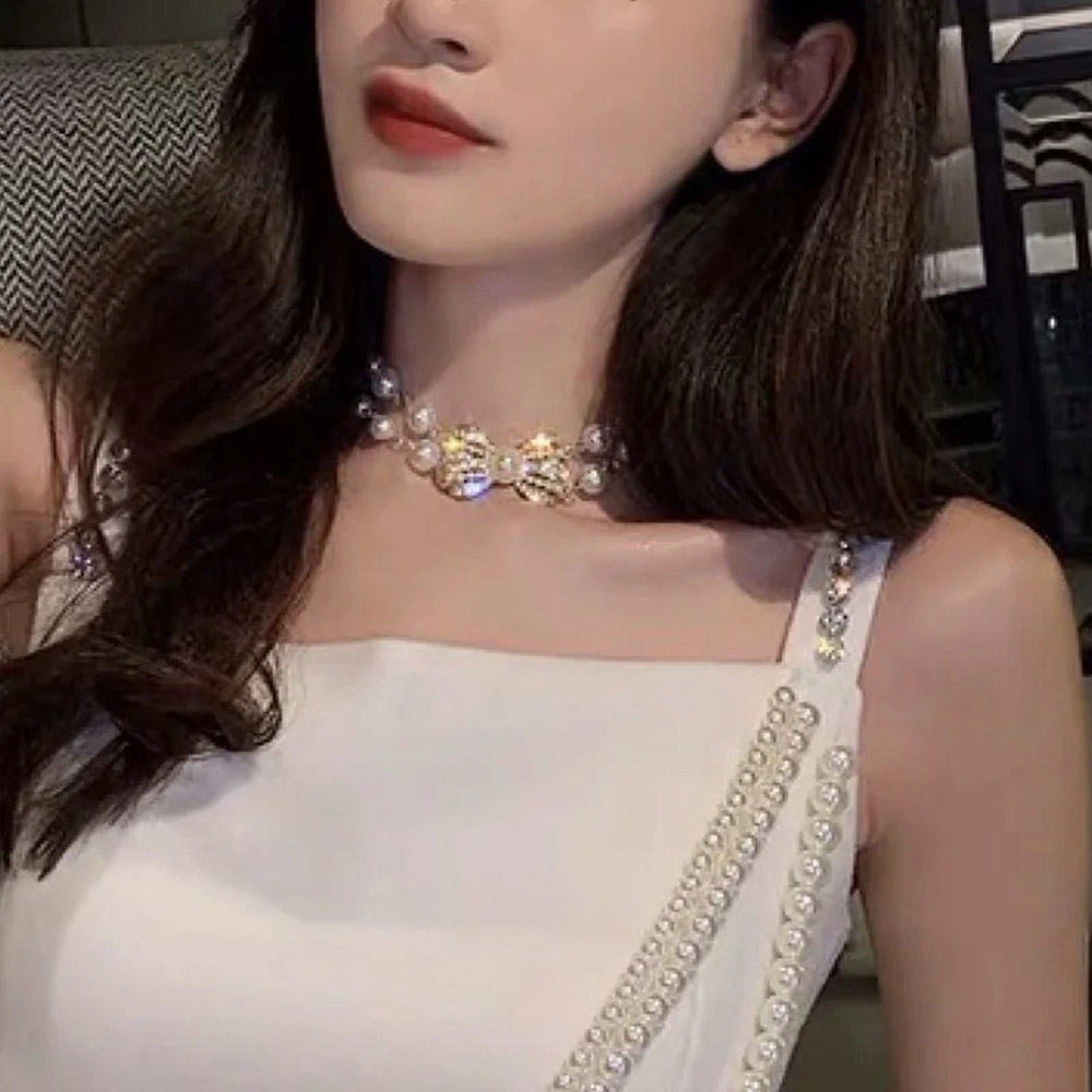 Vòng Cổ Choker Thiết Kế Hai Lớp Đính Nơ Hạt Ngọc Trai Thời Trang Nữ