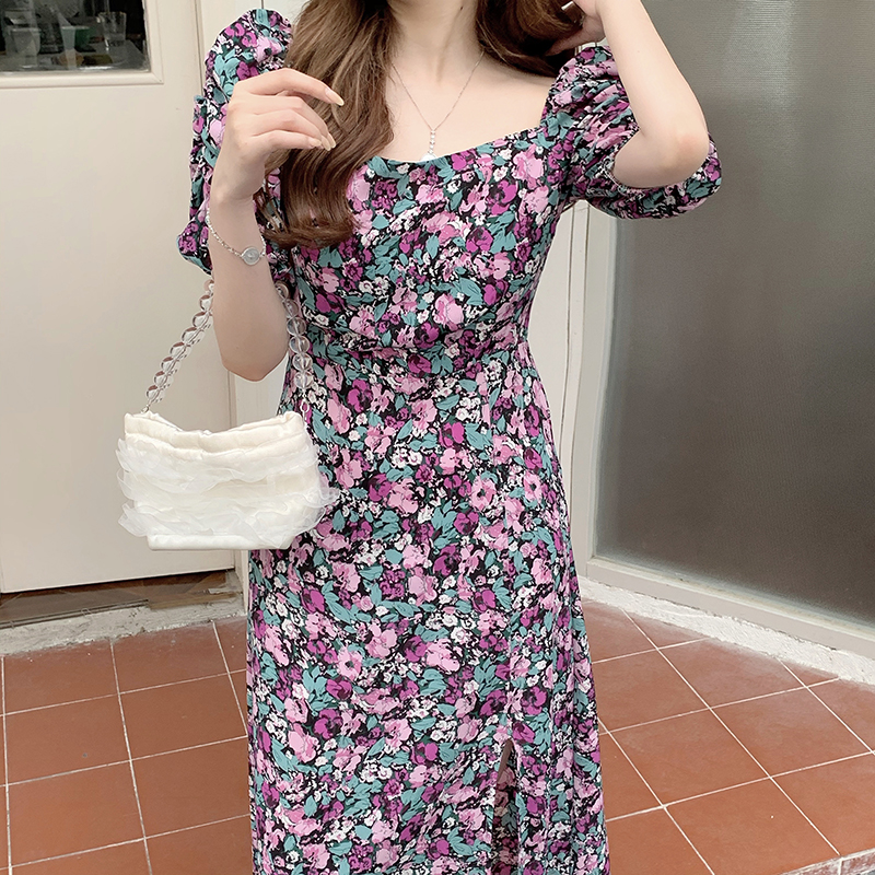 SUXI Đầm Nữ Ngắn Tay Cổ Vuông Họa Tiết Hoa Thời Trang