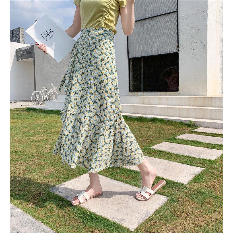 Refesh skirt - Chân váy cuốn xanh bông trắng