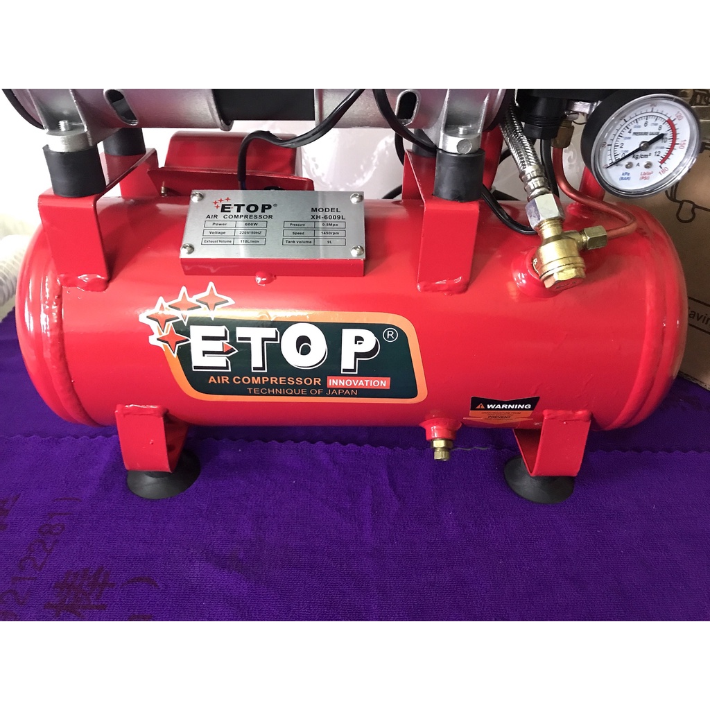Máy nén khí sạch không dầu 9L ETOP - Tặng kèm nối nhanh - Máy nén khí mini ( không tiếng ồn, Cam kết lõi đồng 100%)