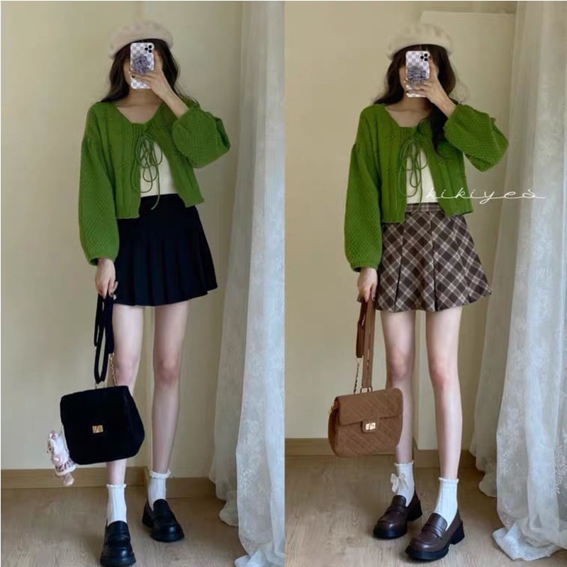 Áo Khoác Cardigan Len Tay Phồng Dáng Ngắn Phối Ruy Băng Màu Xanh Lá Thời Trang Hàn Quốc Mới Cho Nữ